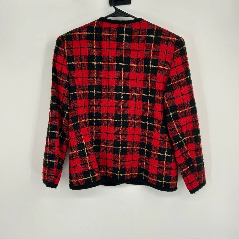 Vintage Koret Red Plaid Collarless‎ Blazer Jacket Wool Blend Size 8P